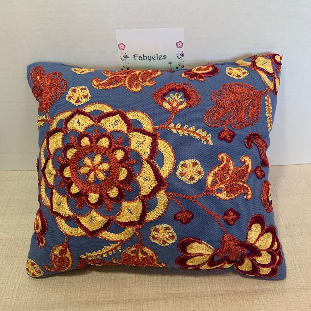 Embroidered boho chic, modern, retro accent pillow
